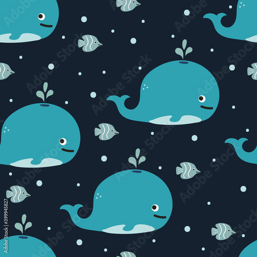 Seamless pattern with cute cartoon whale for fabric print, textile, gift wrapping paper. colorful vector for kids, flat style