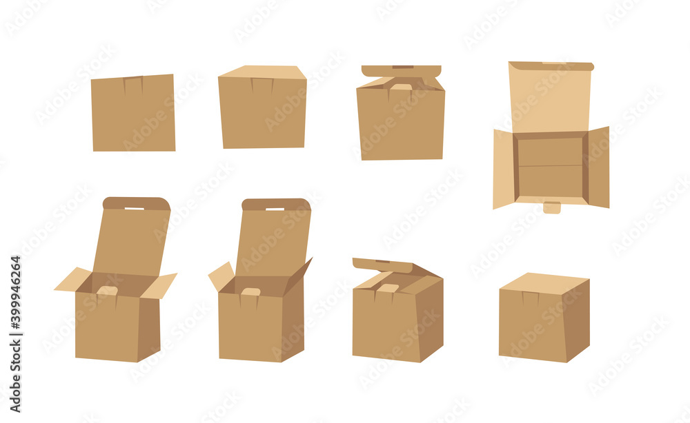 Fototapeta premium Square Carton Assembly Box for Technological and Electronic Products. Cartoon Style Illustration Delivery Packaging. Flat Graphic Design Forwarding Clip Art. Vector Collection Mockup Isolated