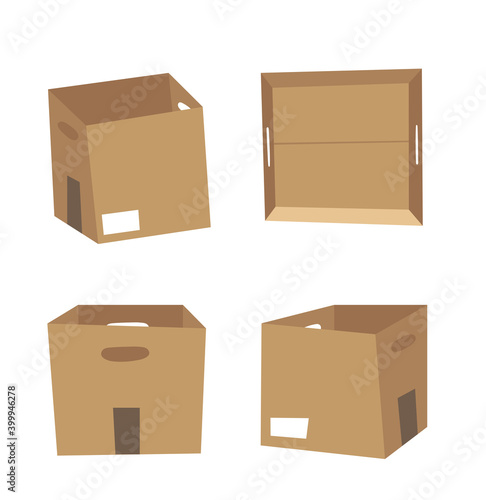 Carton Open and Closed Recycling Box with Perforation for Hands. Cartoon Style Illustration Delivery Handle Packaging. Flat Graphic Design Forwarding Clip Art. Vector Collection Mockup Isolated  © pomolchim