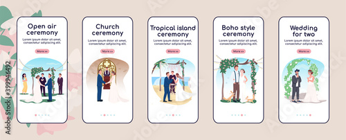 Wedding ceremony onboarding mobile app screen flat vector template. Newlyweds celebrate marriage. Walkthrough website steps with characters. UX, UI, GUI smartphone cartoon interface, case prints set