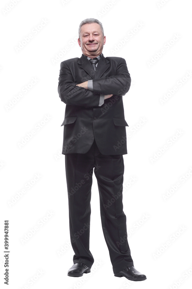 Mature man standing up with arms crossed against a white background Mature man standing up with arms crossed against a white background