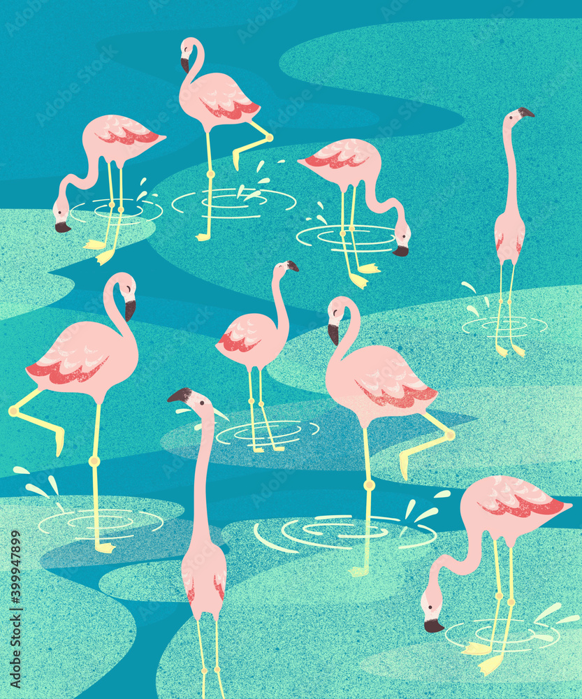 Obraz premium Pink cute flamingo in stylish style. Exotic summer print. Summer, spring background.