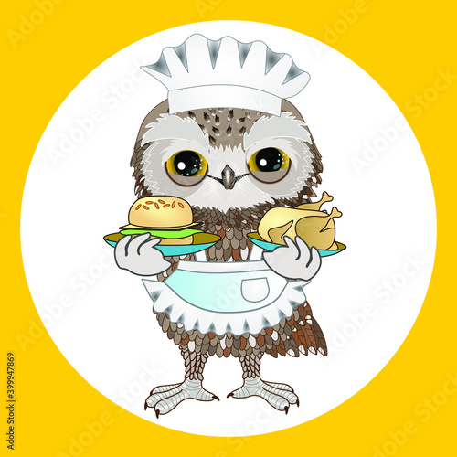 owl girl waiter dressed in white apron and bonnet carries a dish of chicken and hamburger, emoticon in white circle on yellow isolated background 