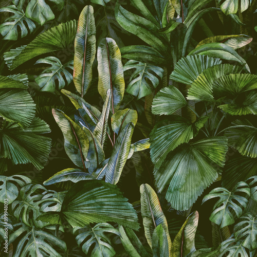 tropikalne liście i kwiaty rysowane ręcznie akwarelą. Tropikalny wzór. Stockowa ilustracja
