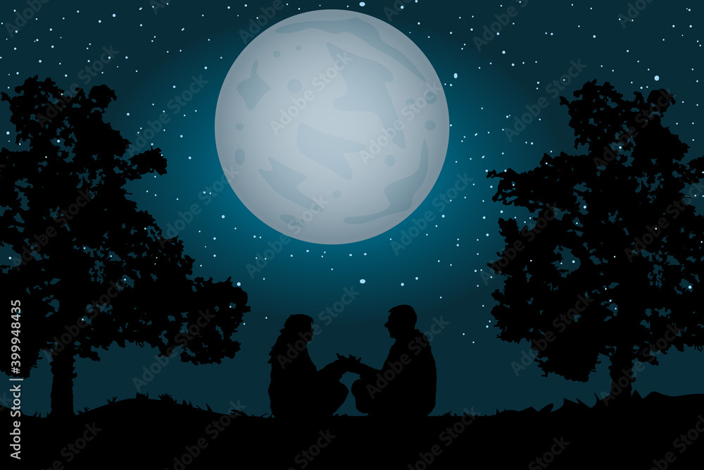 Couple sitting under the moonlight and starry sky. Romantic silhouette of loving couple sit near a tree. Silhouette of loving couple in Valentines night. Man and woman holding hand.Vector illustration