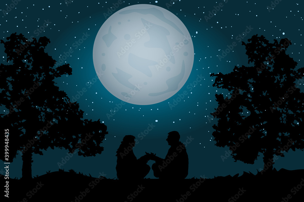 Couple sitting under the moonlight and starry sky. Romantic silhouette of loving couple sit near a tree. Silhouette of loving couple in Valentines night. Man and woman holding hand.Vector illustration Couple sitting under the moonlight and starry sky. Romantic silhouette of loving couple sit near a tree. Silhouette of loving couple in Valentines night. Man and woman holding hand.Vector illustration