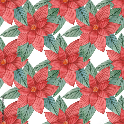 Seamless christmas pattern with watercolor poinsettia flower. Star.