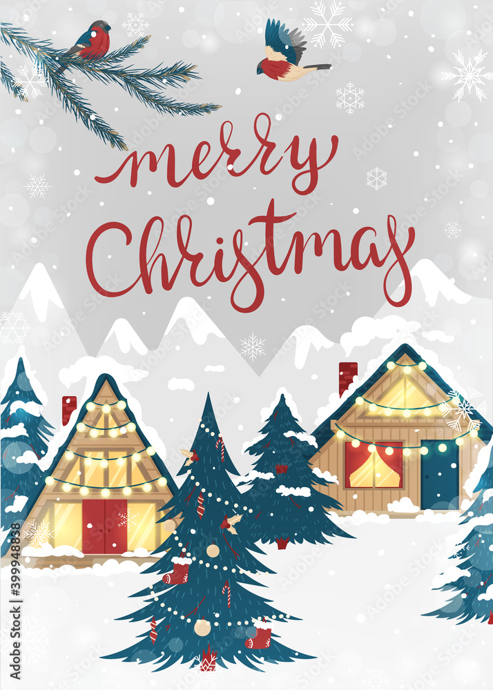 Merry Christmas. Greeting card with winter village houses