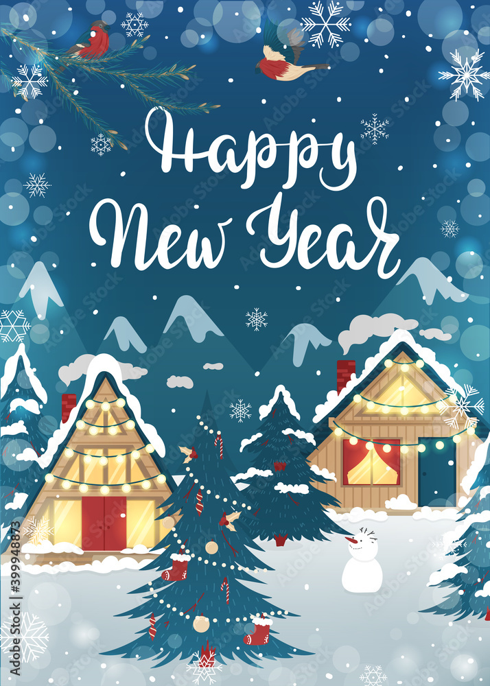 Happy New Year. Greeting card with winter village
