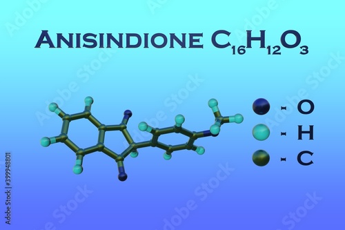Structural chemical formula and molecular model of anisindione, a synthetic anticoagulant and an indaneodine derivate with similar effect to warfarin. 3d illustration photo