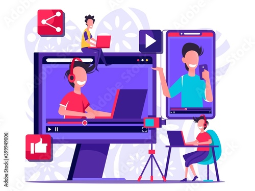 Video bloggers record videos with a camera and broadcast them to the internet for viewers to see. Tiny people illustration . Vector illustration