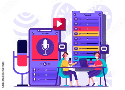 Radio DJ Two Men Vector. Broadcasting. The radio show host behind the table spoke into an on-air microphone. Modern Radio Station Studio. Tiny people illustration . Vector illustration