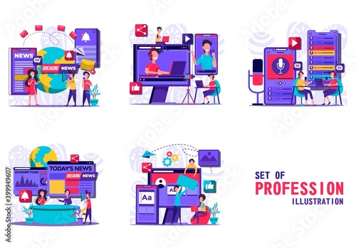 Profession concept set. Newspaper, internet and radio journalism. TV reporter , video blogger, radio host. Mass media profession. Tiny people illustration . Vector illustration