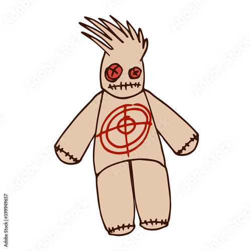 mystical voodoo doll with red target on body, symbol of black magic and pain, color vector illustration with brown contour lines isolated on white background in hand drawn, doodle and cartoon style