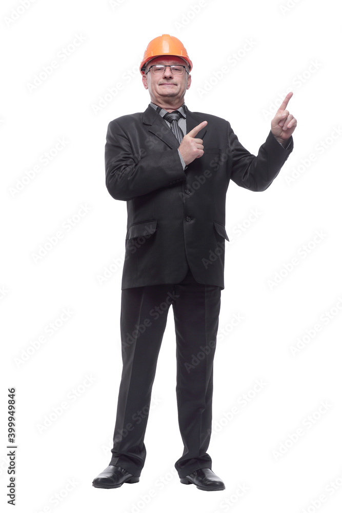 Senior engineer man wearing helmet over isolated white backgroun Senior engineer man wearing helmet over isolated white backgroun