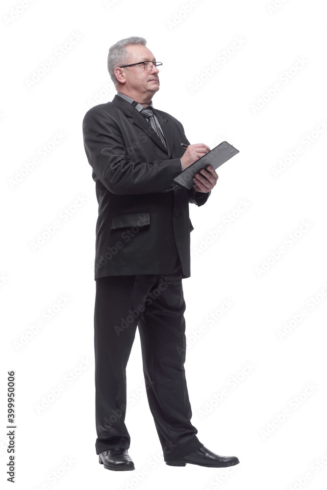 Portrait of a man wearing suit and glasses writing on clipboard Portrait of a man wearing suit and glasses writing on clipboard