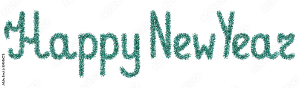 Tinsel. Happy New Year. Lettering from a holiday decoration. Emerald. Fluffy lettering. Vector illustration. Isolated white background. Cute plush message. A rustling wish. Idea for web design, banner Tinsel. Happy New Year. Lettering from a holiday decoration. Emerald. Fluffy lettering. Vector illustration. Isolated white background. Cute plush message. A rustling wish. Idea for web design, banner