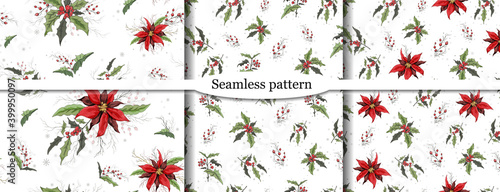 set of seamless vector wallpaper with a pattern of holly branches, poinsettia. the hand-drawn sketch is made in a minimalist style. vintage-inspired illustration for paper, print, winter ideas. 