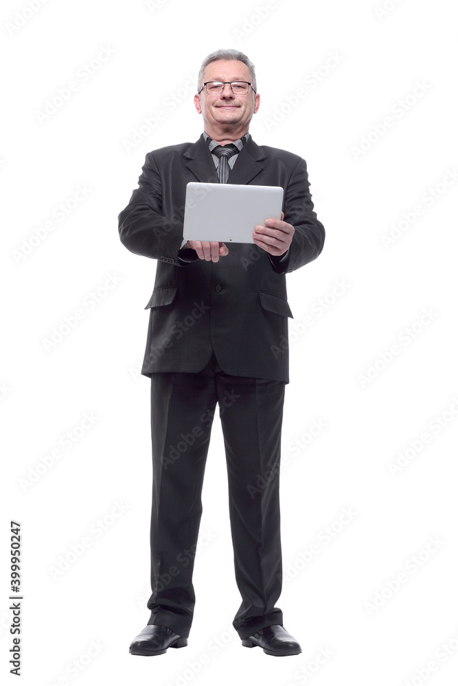 Senior man in suit and with glasses using tablet computer Senior man in suit and with glasses using tablet computer