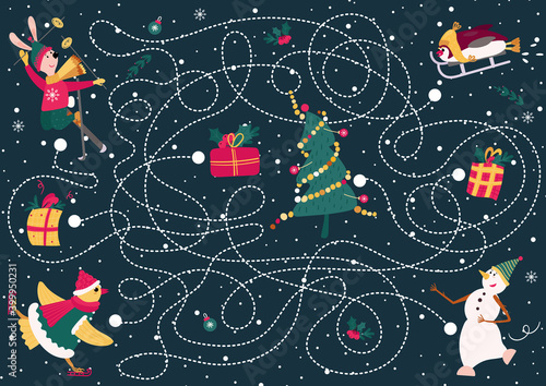 Winter kids maze. Find out who will get what gift. Sports cute animals in children labyrinth. Game for elementary kids with riddle.
