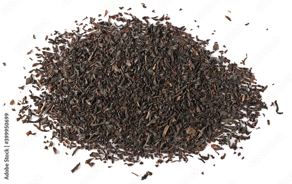 Dry black tea leaves pile isolated on white background, top view Dry black tea leaves pile isolated on white background, top view