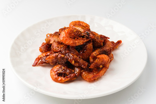 Stir-fried shrimp on white background