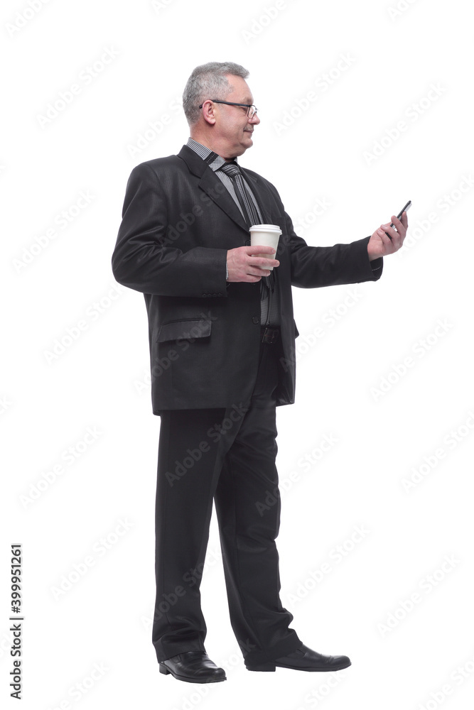 Business man with smartphone drink coffee and look at camera Business man with smartphone drink coffee and look at camera