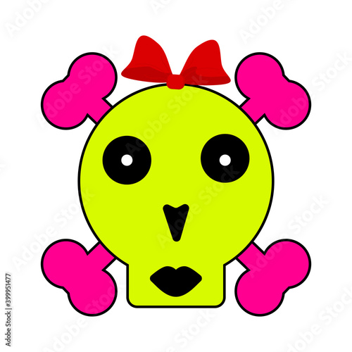 Skull and bones with a woman's face and a bow on her head. Vector illustration.