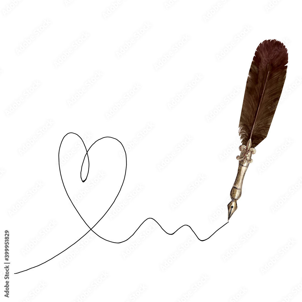 Hand drawn heart with old-fashioned fountain pen isolated on white ...