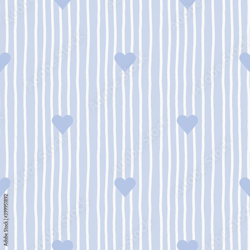 Delicate vector seamless pattern with blue hearts and uneven hand-drawn lines. Cute background for boys nursery bedroom.