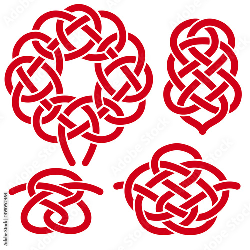Chinese red knots - different template for design. Traditional asian auspicious symbols. Vector set.