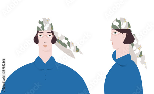 Woman portrait in different positions. Flat design style vector graphic illustration.
