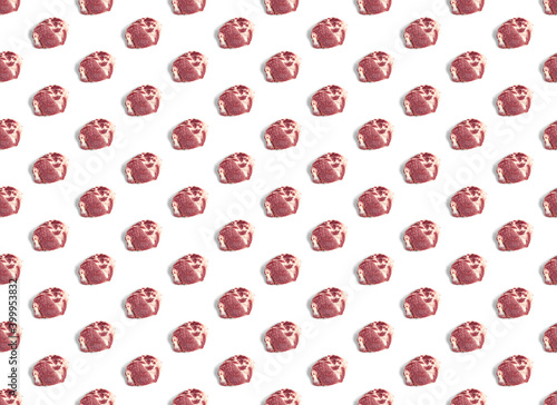 Seamless Pattern with raw pork meat slices on white background  food pattern