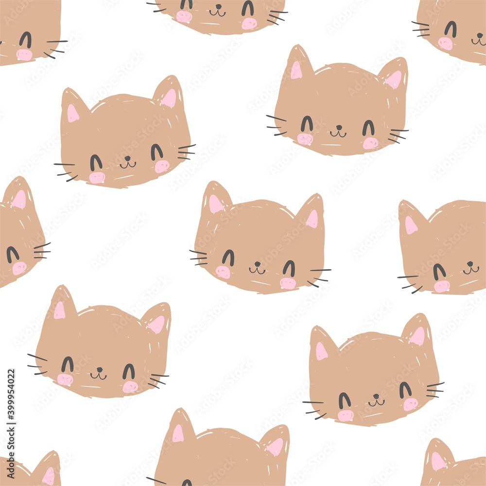 Hand drawn cute cat seamless pattern print design, sketch background vector