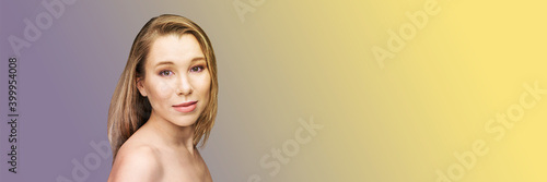 Cosmetology concept. Skin care product. Female portrait. Face mask. Home peeling. Grey background. Copyspace. Facial lifting treatment. Dermatology beauty model