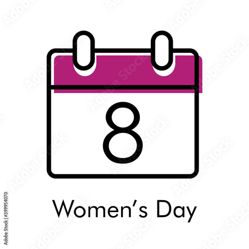 Día de la mujer. Logotipo con hoja de calendario con número 8 con lineas en negro y morado	