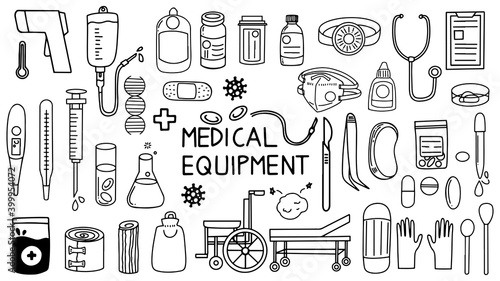 hand draw illustration vector doodle art, medical equipment and supplies, virus,syringe, n95 face mask,rubber gloves and ect.
