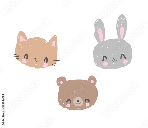 Hand Drawn Cute animals bear, cat and rabbit vector trendy print, design for children