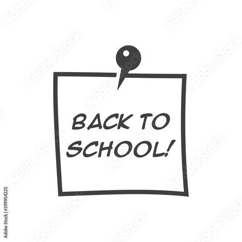 Recordatorio con hoja de papel con alfiler. Logotipo con texto Back to School en lineas color gris