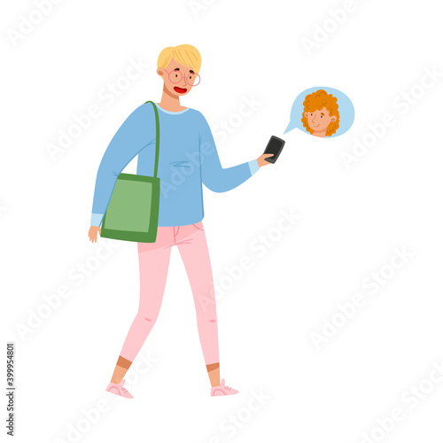 Teenager Boy in Casual Wear Walking and Messaging with Smartphone Vector Illustration