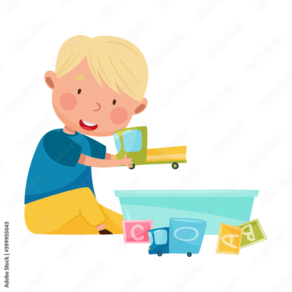 Funny Boy Sitting on Floor and Playing with Different Toys in Playroom Vector Illustration Funny Boy Sitting on Floor and Playing with Different Toys in Playroom Vector Illustration