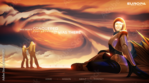 the lady tourist in a spacesuit is sitting casually, enjoying the scenery of the up-close Jupiter, on the Europa moon