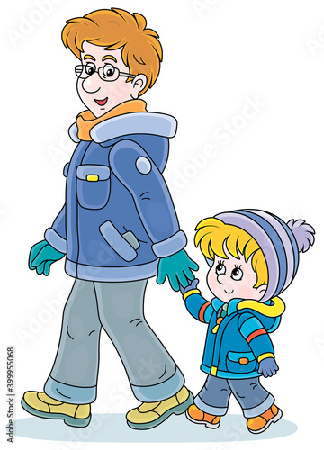 Young dad and his little son friendly talking and walking together hand in hand on a winter stroll, vector cartoon illustration isolated on a white background