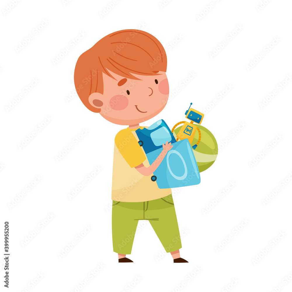 Cute Boy Carrying Pile of Different Toys in Playroom Vector Illustration Cute Boy Carrying Pile of Different Toys in Playroom Vector Illustration