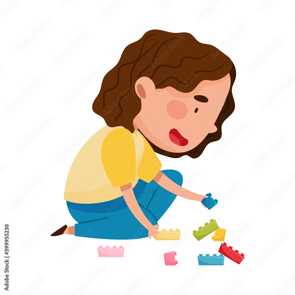 Cute Girl Sitting on Floor in Playroom and Playing with Construction Toy Vector Illustration