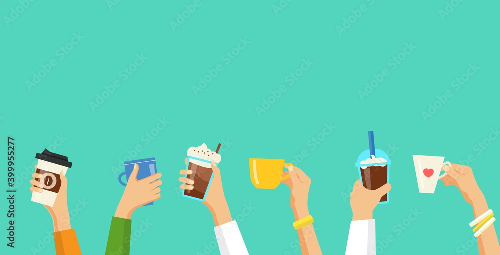 Human hands holding cups with coffee and tea. Background with copy ...