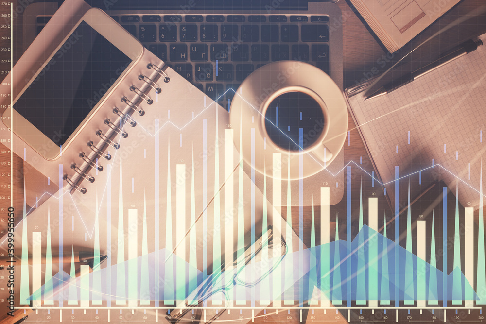 Double exposure of financial graph hologram over desktop with phone. Top view. Mobile trade platform concept. Double exposure of financial graph hologram over desktop with phone. Top view. Mobile trade platform concept.