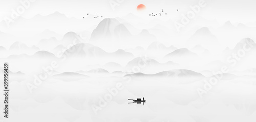 New Chinese ink landscape background illustration © 心灵艺坊