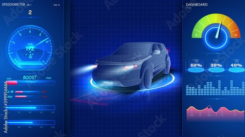 Hologram Auto in HUD UI style. Futuristic car service, scanning and auto data analysis. Virtual car dashboard concept. Futuristic auto in style low poly, wireframe in line. diagnostics in the HUD, GUI