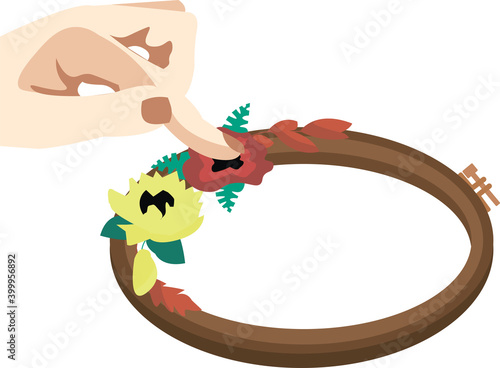 The embroiderer holds a flower in a composition of red and yellow flowers on the hoop with one hand. White background. Flat vector illustration for website design, print for postcards